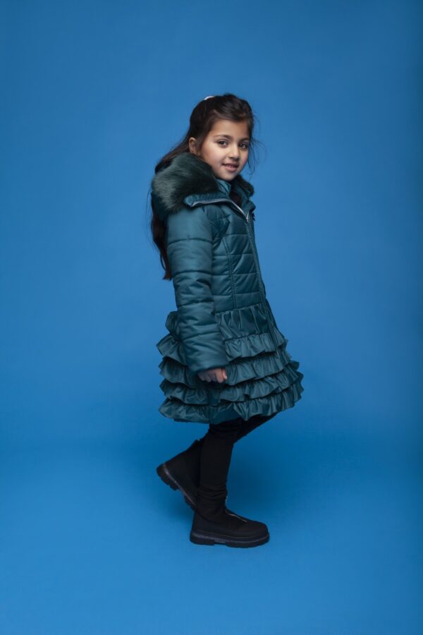 Le Chic Meisjes winterjas lang ruffel - Donker groen