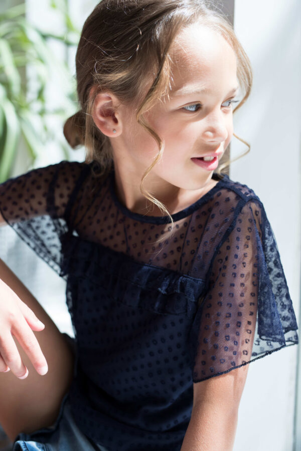 Like Flo Meisjes t-shirt mesh ruffel top - Marine blauw
