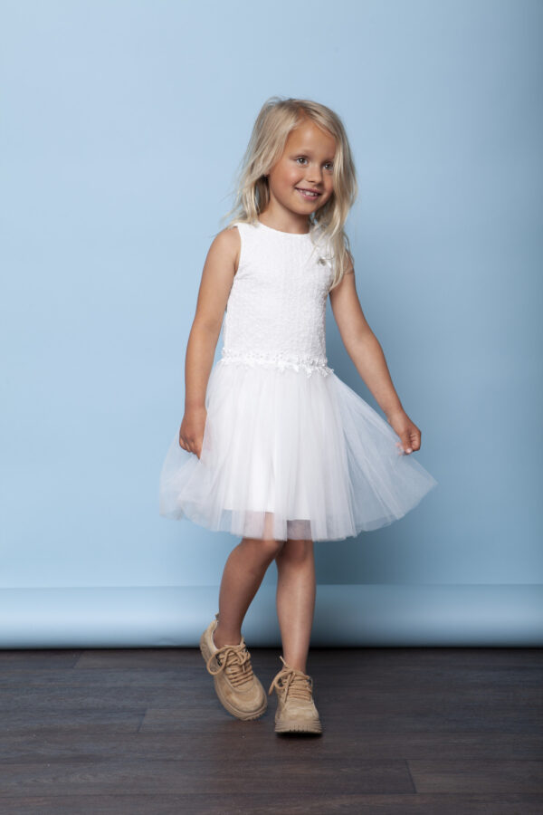 Le Chic Meisjes jurk broderie top & tule rok - Gebroken wit