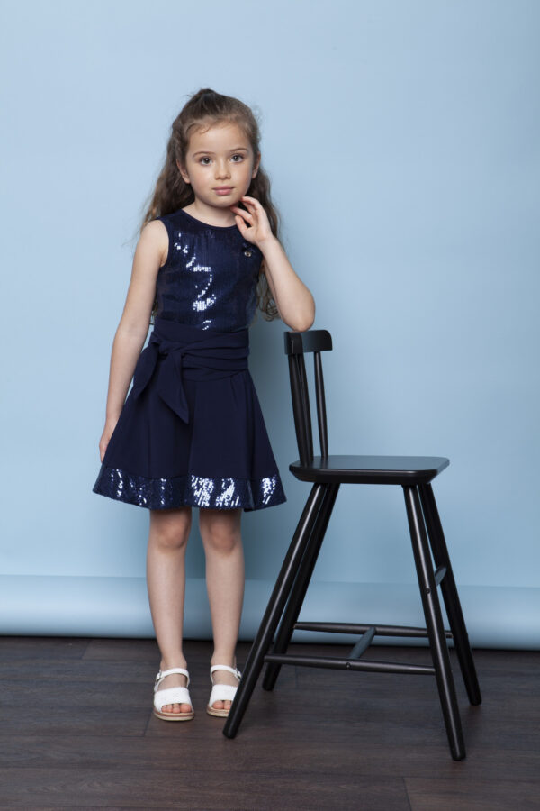 Le Chic Meisjes jurk met pailletten top - Marine blauw