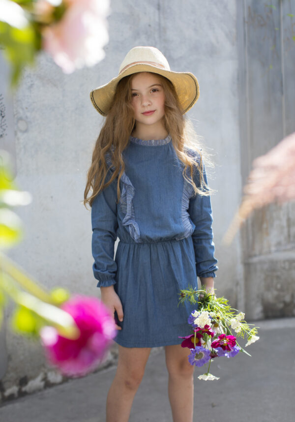 Moodstreet Meisjes spijker jurk met ruffels - Zacht blauw