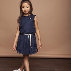 Le Chic Meisjes jurk metkant en satijnen riem - Marine blauw
