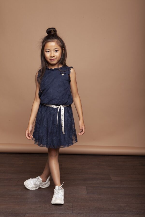 Le Chic Meisjes jurk metkant en satijnen riem - Marine blauw