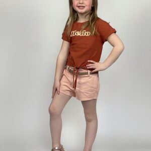 Like Flo Meisjes t-shirt met knoop 'Hello' - Cognac