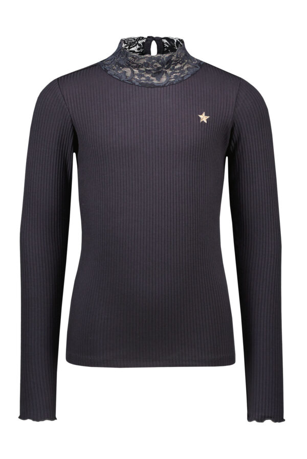 Like Flo Meisjes shirt - Rib coltrui met kant - Marine blauw