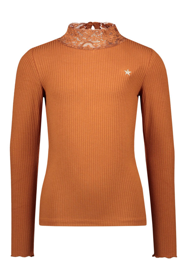 Like Flo Meisjes shirt - Rib coltrui met kant - Cognac